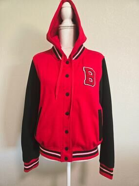 Riflessi Varsity Letterman Hooded Jacket Snap Front Red Black Letter B 2XL